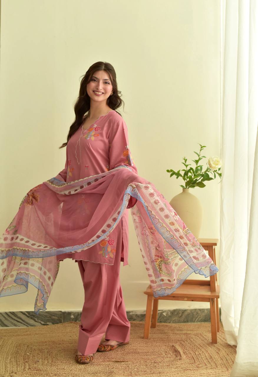 Pink Mul Chanderi Embroidered Salwar Kameez with Printed Dupatta
