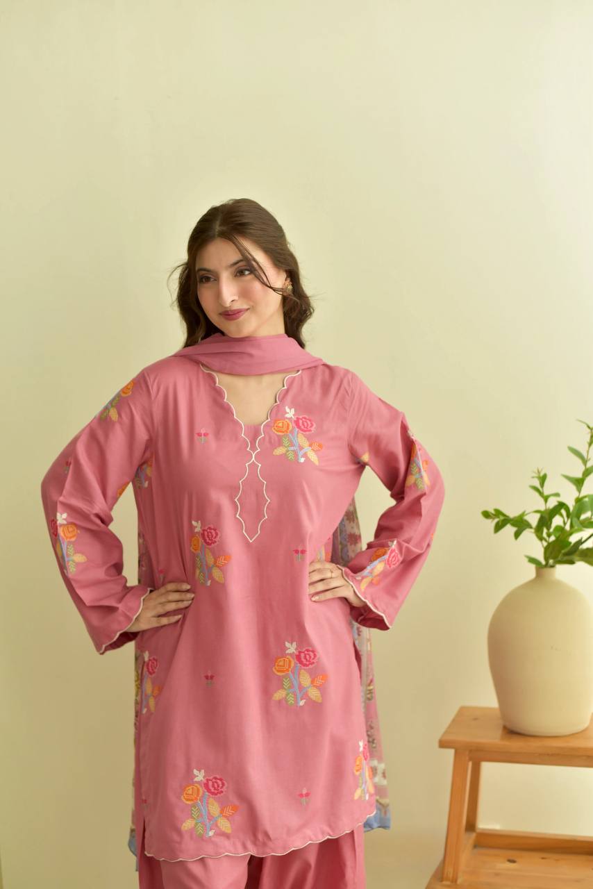 Pink Mul Chanderi Embroidered Salwar Kameez with Printed Dupatta