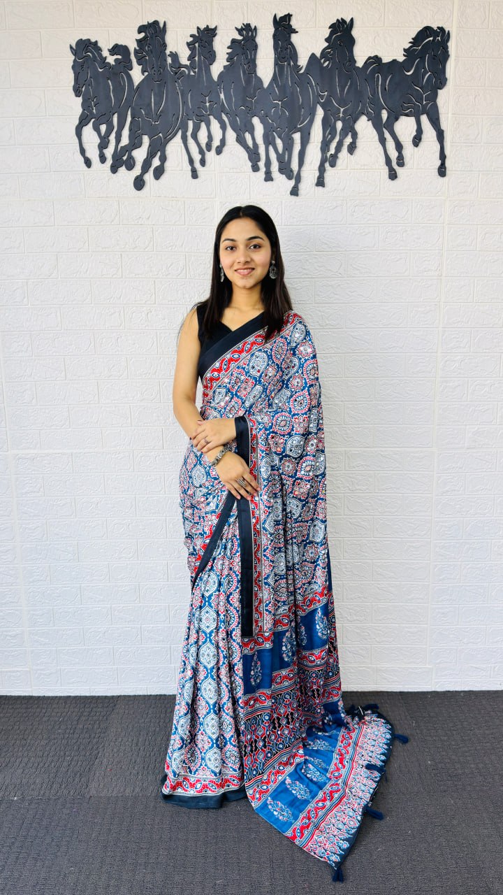 Blue Japan Satin Silk Printed Mirror Work Latkan Saree for Women