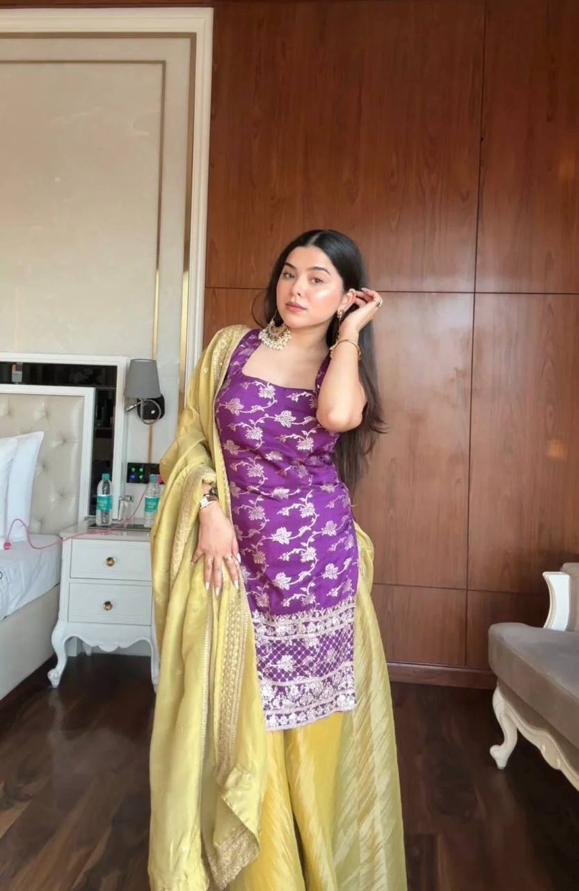 Purple Jacquard Kurti Set with Yellow Crunchy Silk Palazzo & Dupatta