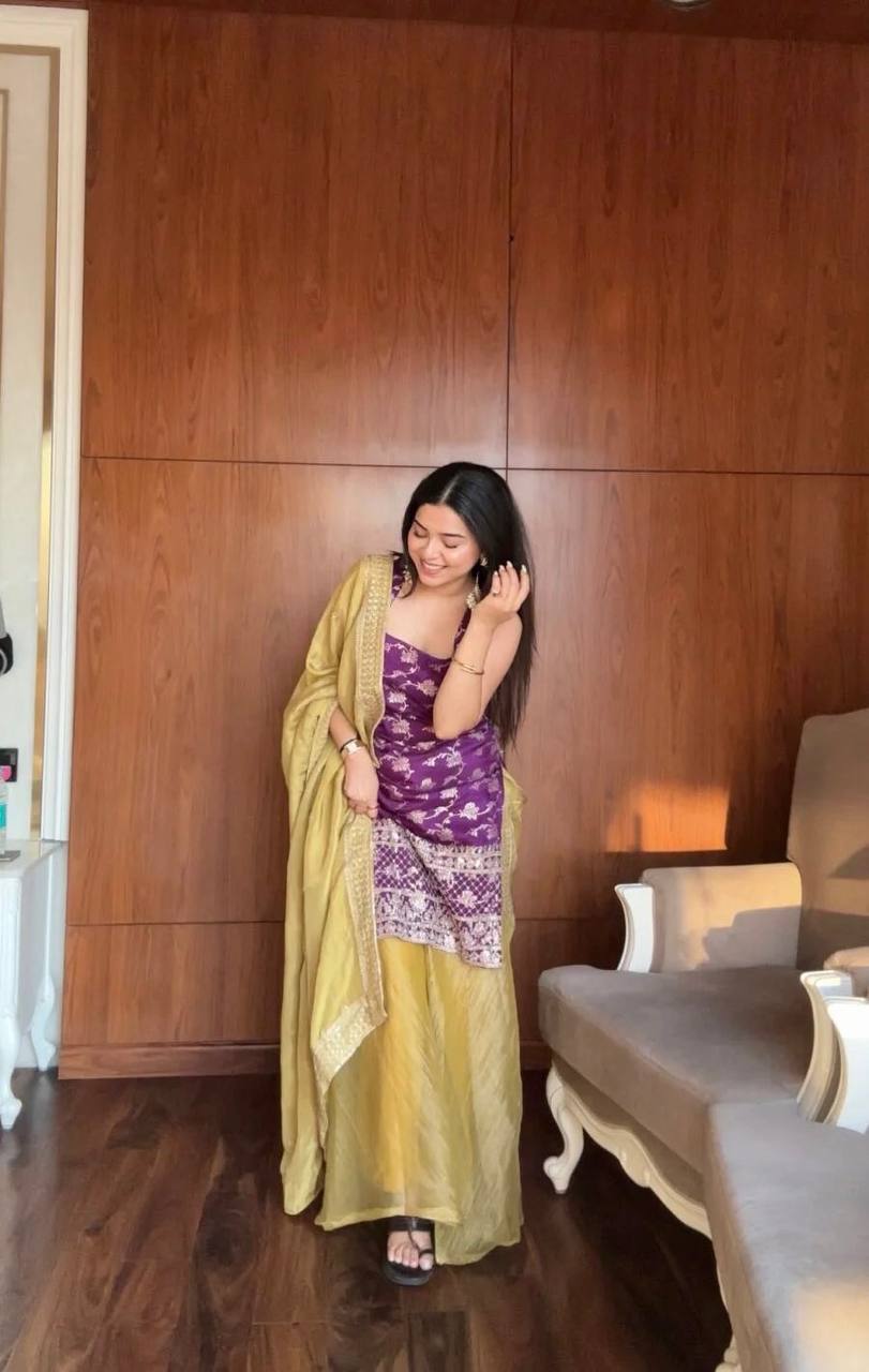 Purple Jacquard Kurti Set - with dupatta