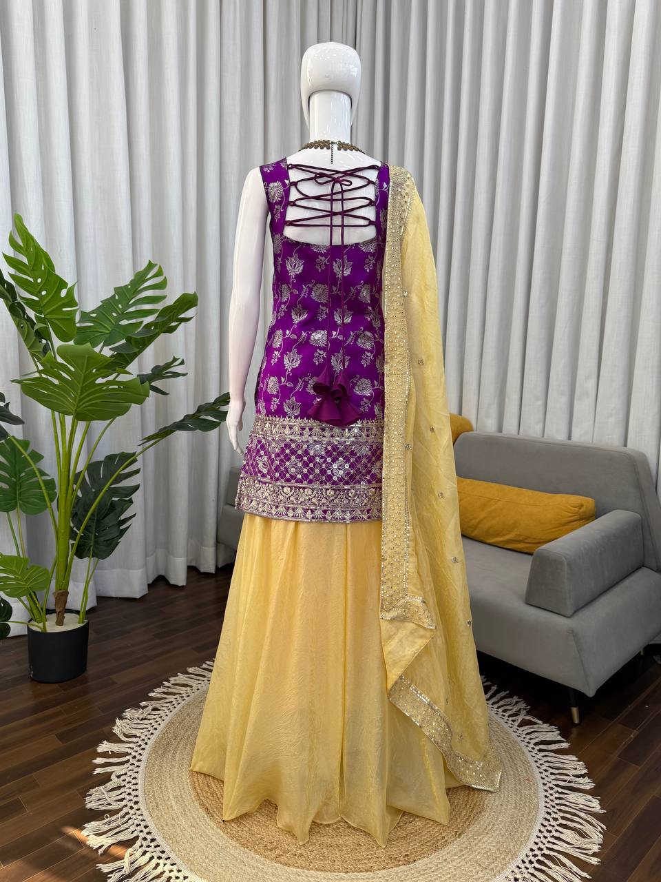 Purple Jacquard Kurti Set - back tie-up design