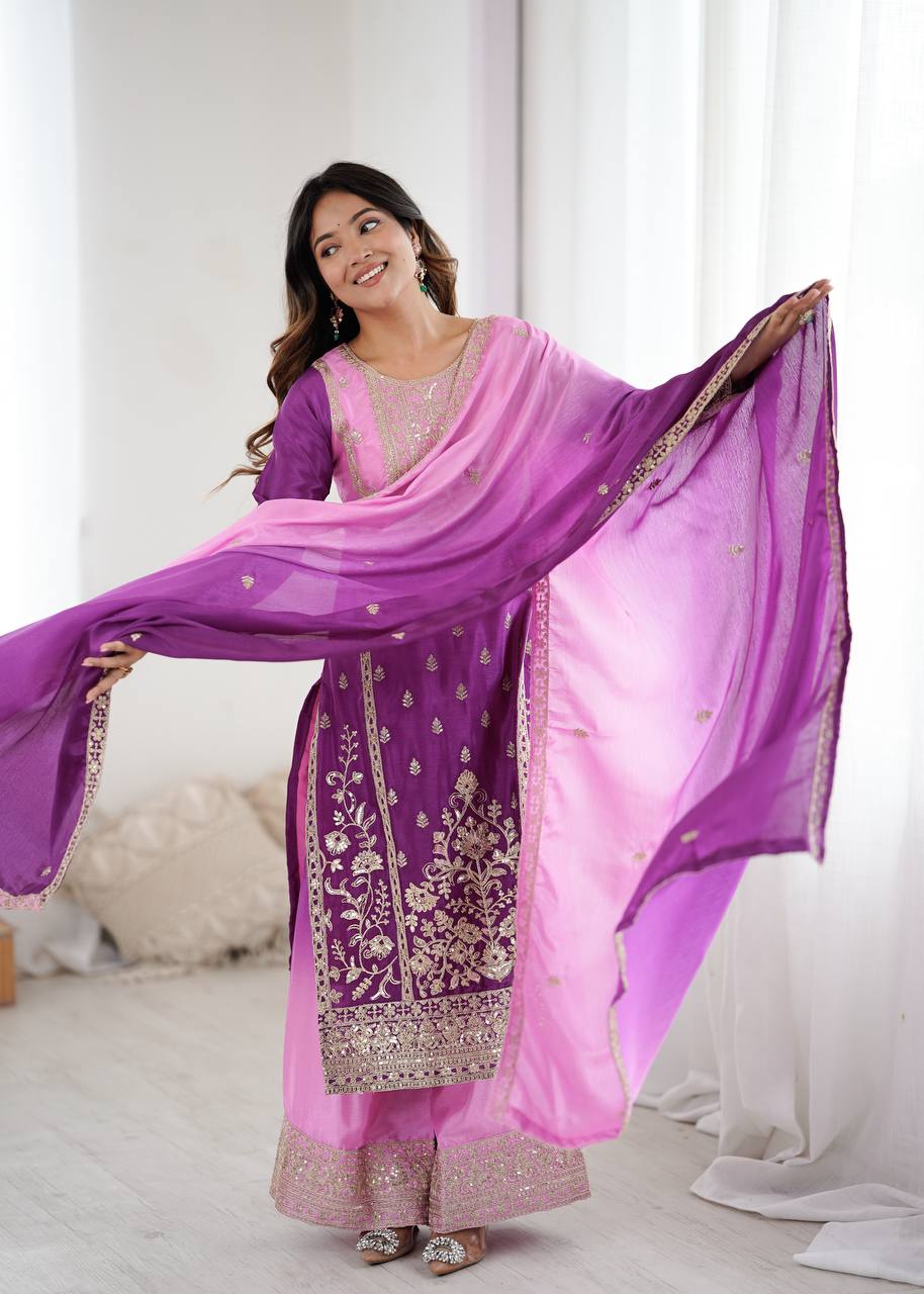 Purple Shaded Chinon Silk Salwar Kameez with Palazzo & Dupatta