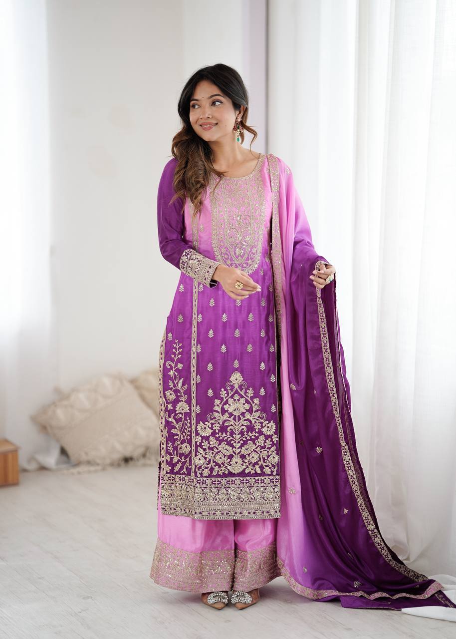 Purple Shaded Chinon Silk Salwar Kameez - front view