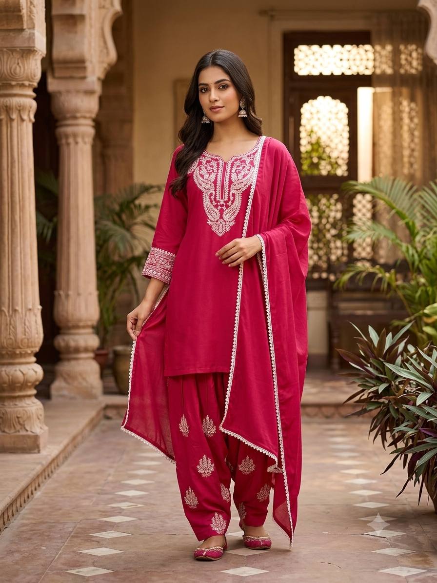 Rani Pink Sushi Silk Embroidered Salwar Suit Set for Women