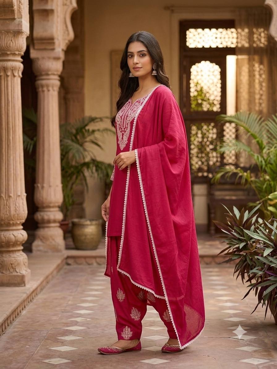 Rani Pink Sushi Silk Embroidered Salwar Suit Set for Women
