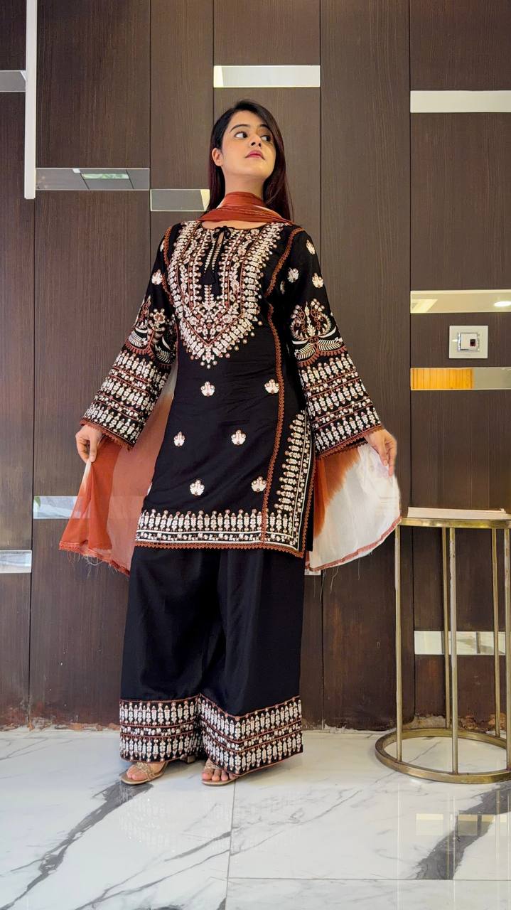 Black Rayon Cotton Embroidered Salwar Kameez with Farshi Pant