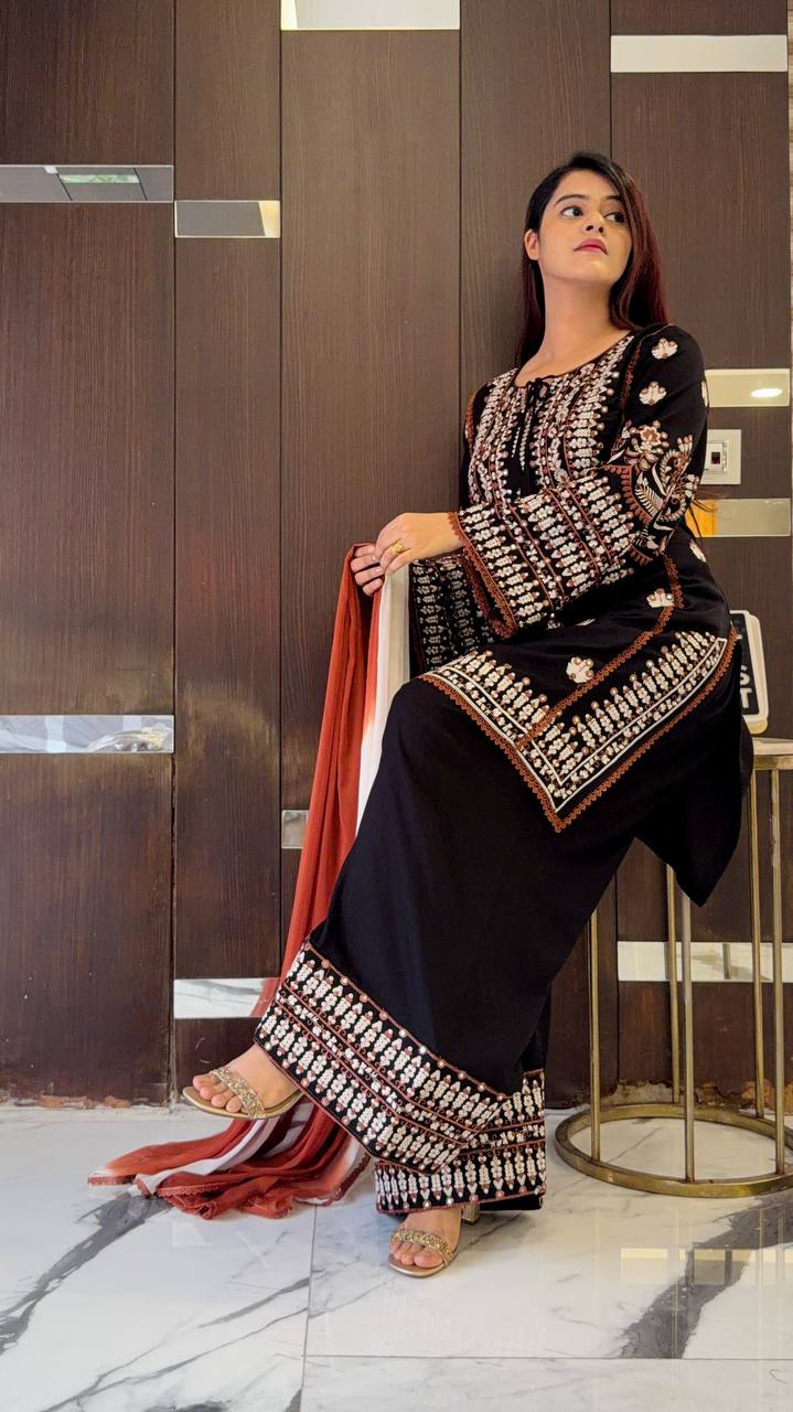 Black Salwar Kameez - farshi pant embroidery