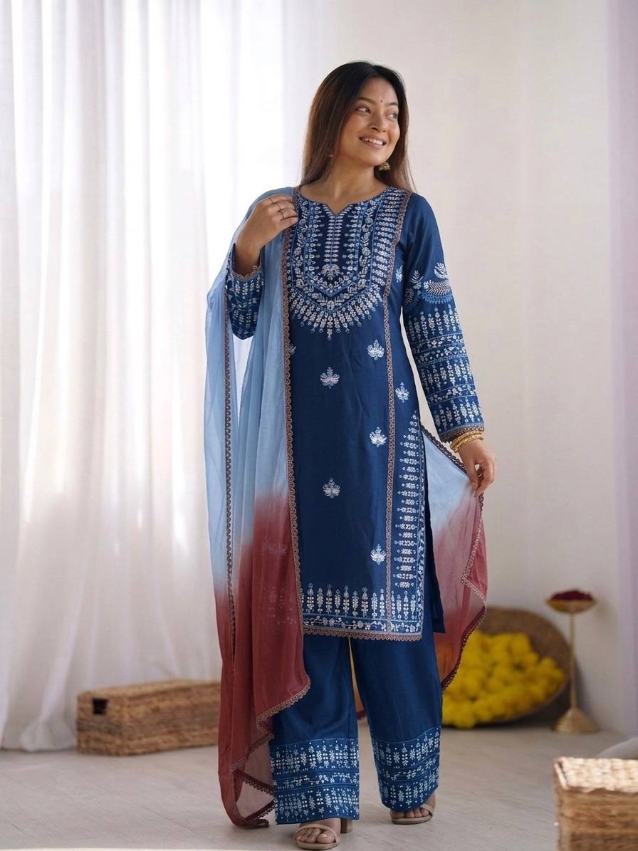 Blue Rayon Cotton Embroidered Salwar Kameez with Farshi Pant