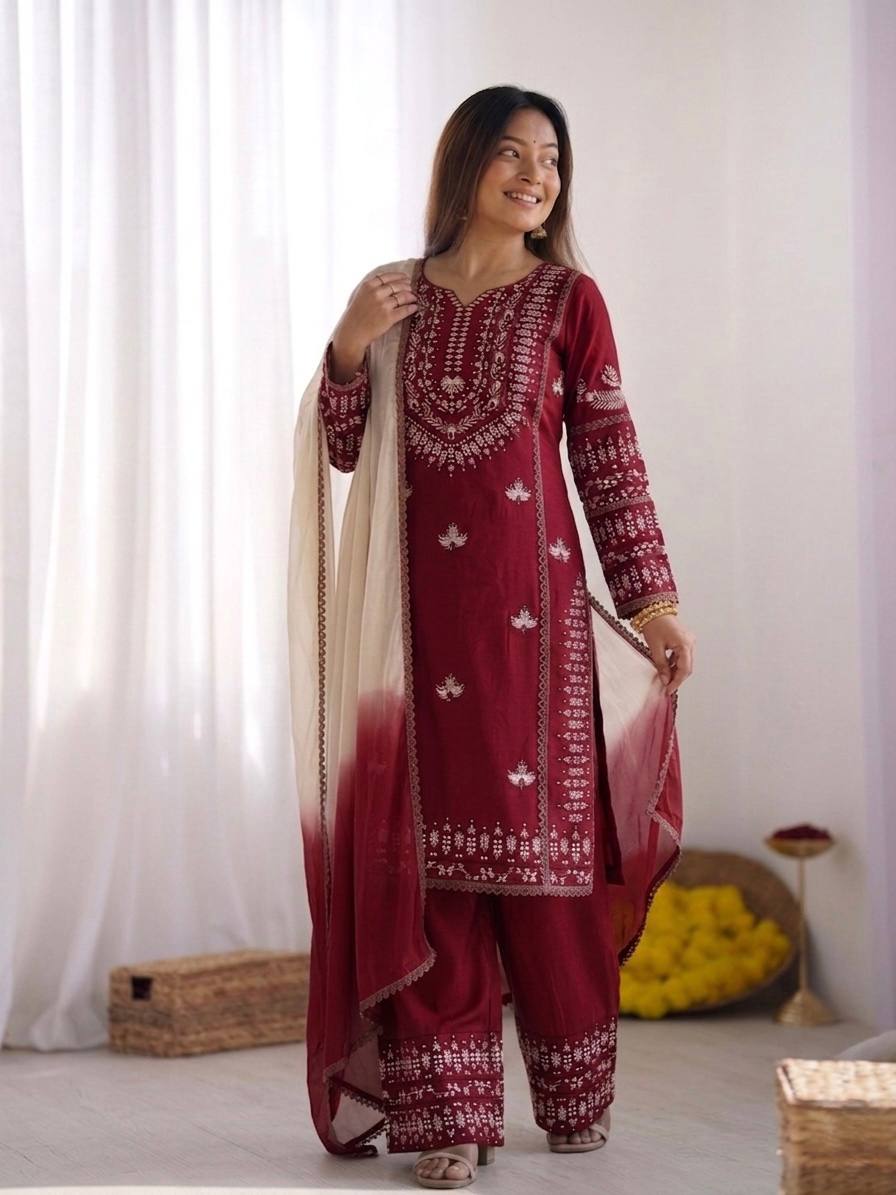 Maroon Rayon Cotton Embroidered Salwar Kameez with Farshi Pant