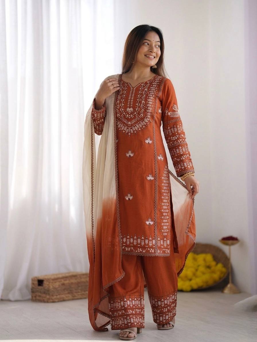 Rust Rayon Cotton Embroidered Salwar Kameez with Farshi Pant