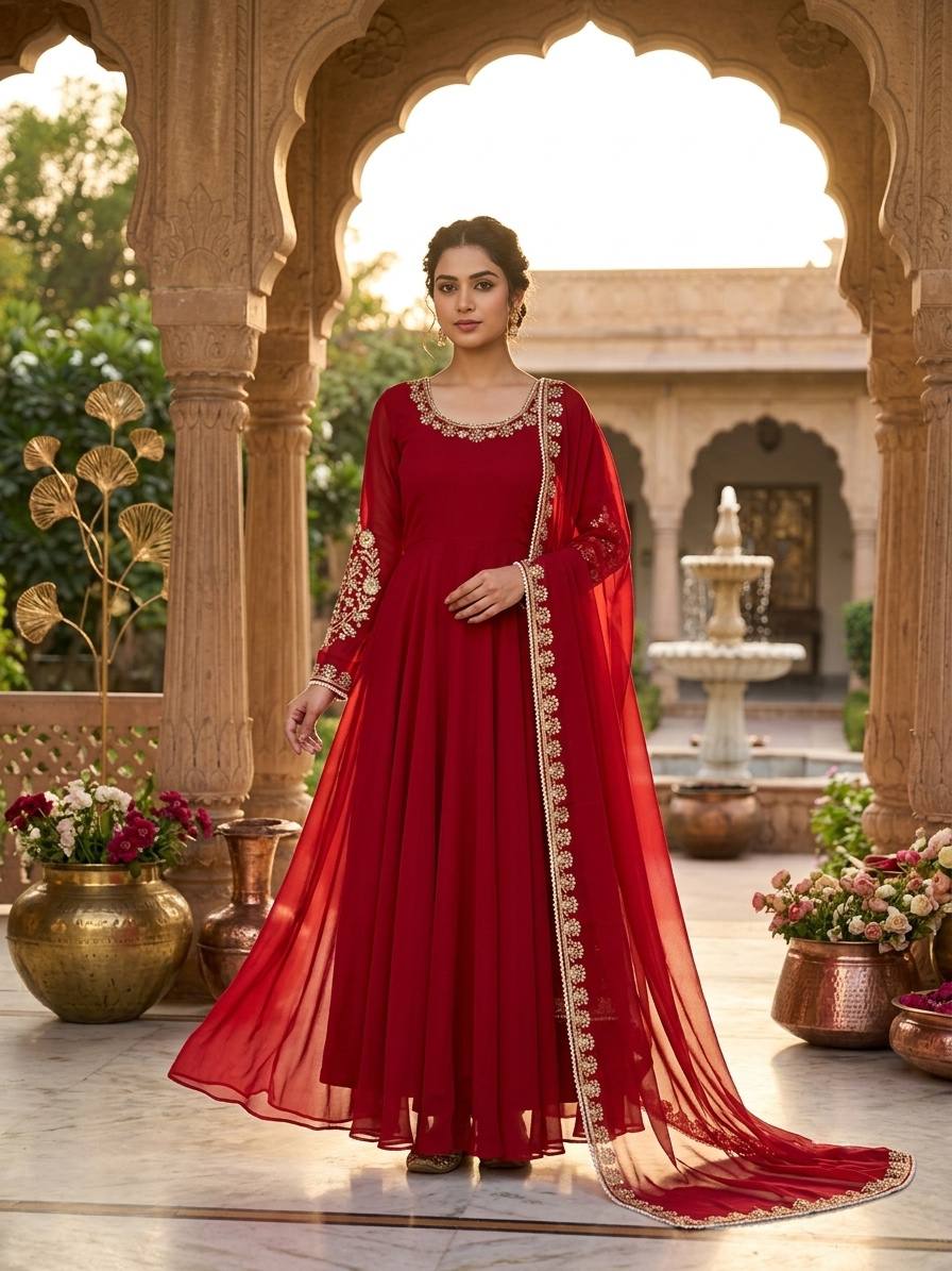 Red Faux Georgette Embroidered Moti Work Gown with Dupatta