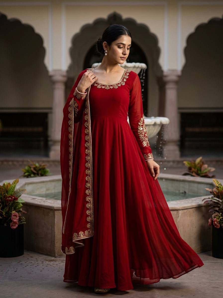 Red Faux Georgette Embroidered Moti Work Gown with Dupatta