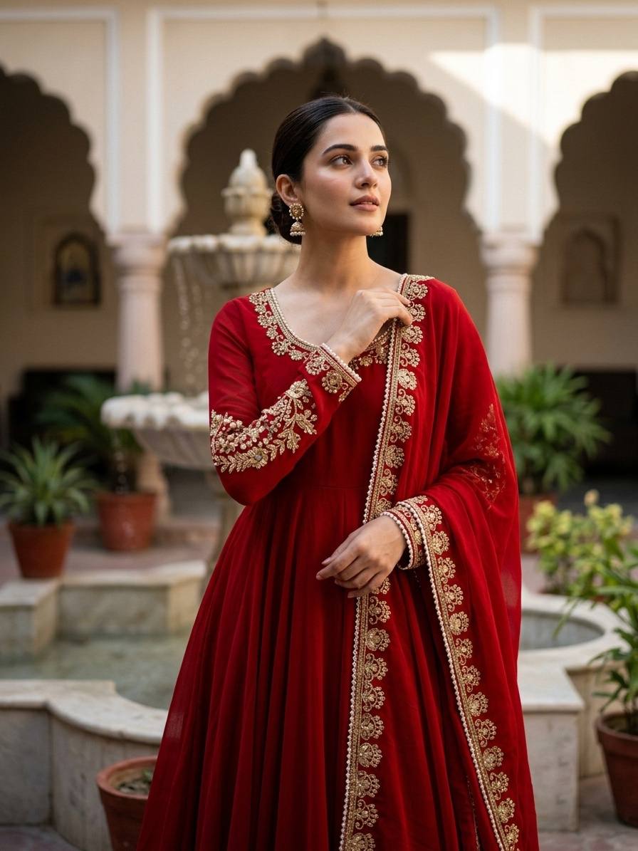 Red Faux Georgette Embroidered Moti Work Gown with Dupatta