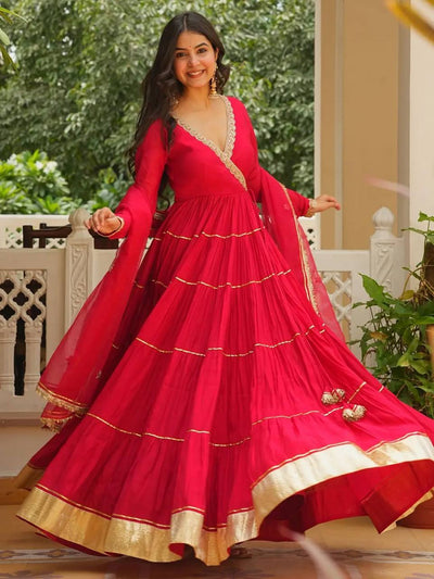 Red Georgette Gota Patti Angrakha Gown with Dupatta