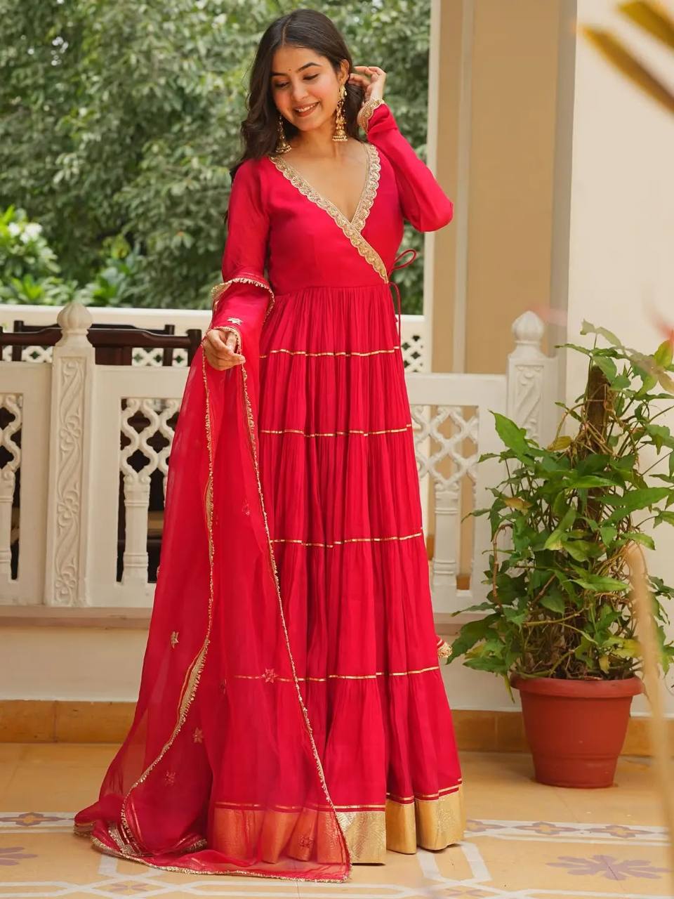 Red Georgette Gota Patti Angrakha Gown with Dupatta