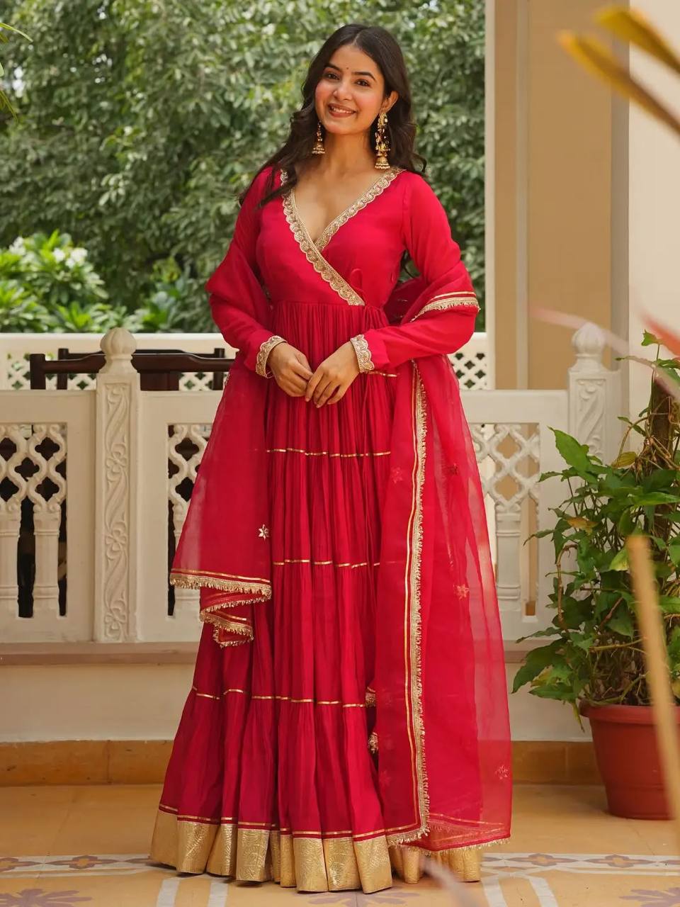Red Georgette Gota Patti Angrakha Gown with Dupatta
