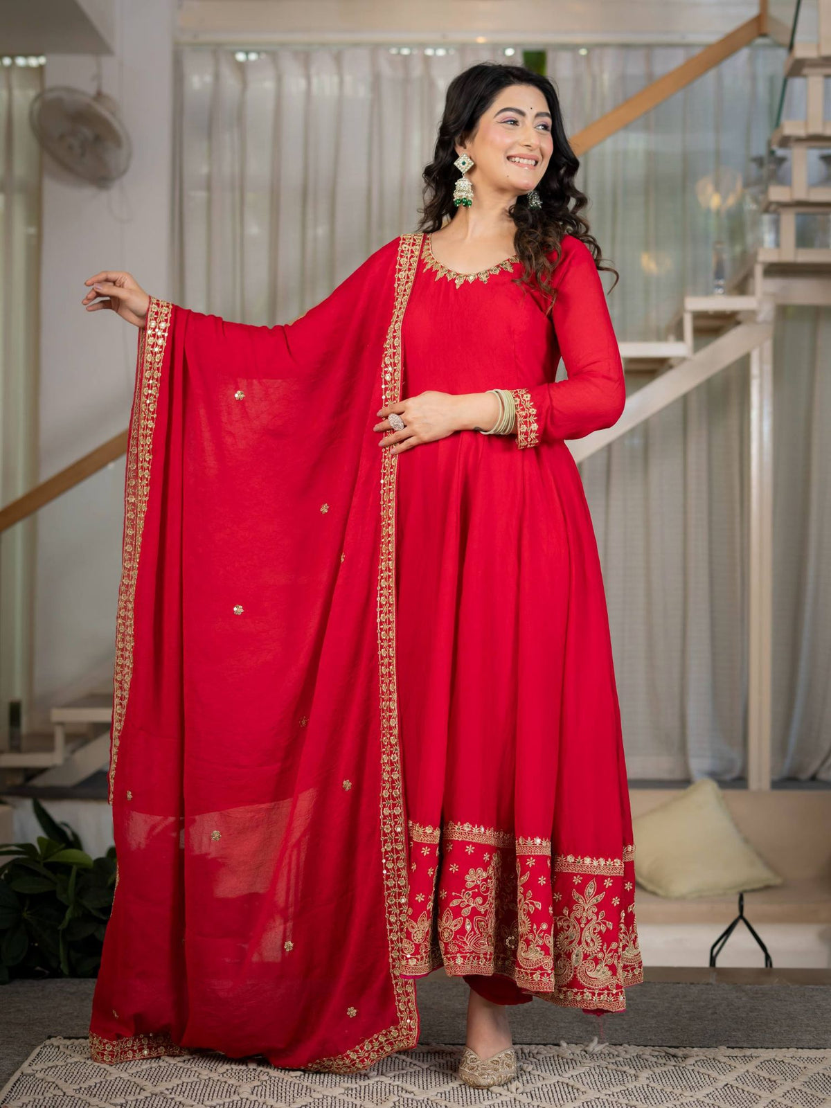 Red Rangoli Crush Sequins Embroidered Anarkali Suit with Dupatta