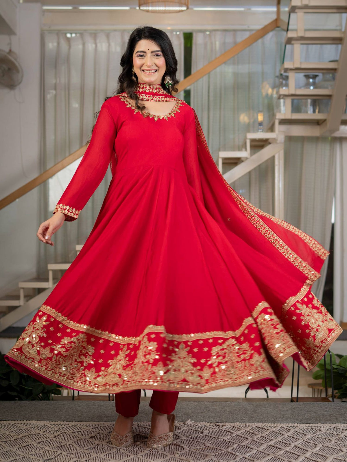 Red Rangoli Crush Sequins Embroidered Anarkali Suit with Dupatta
