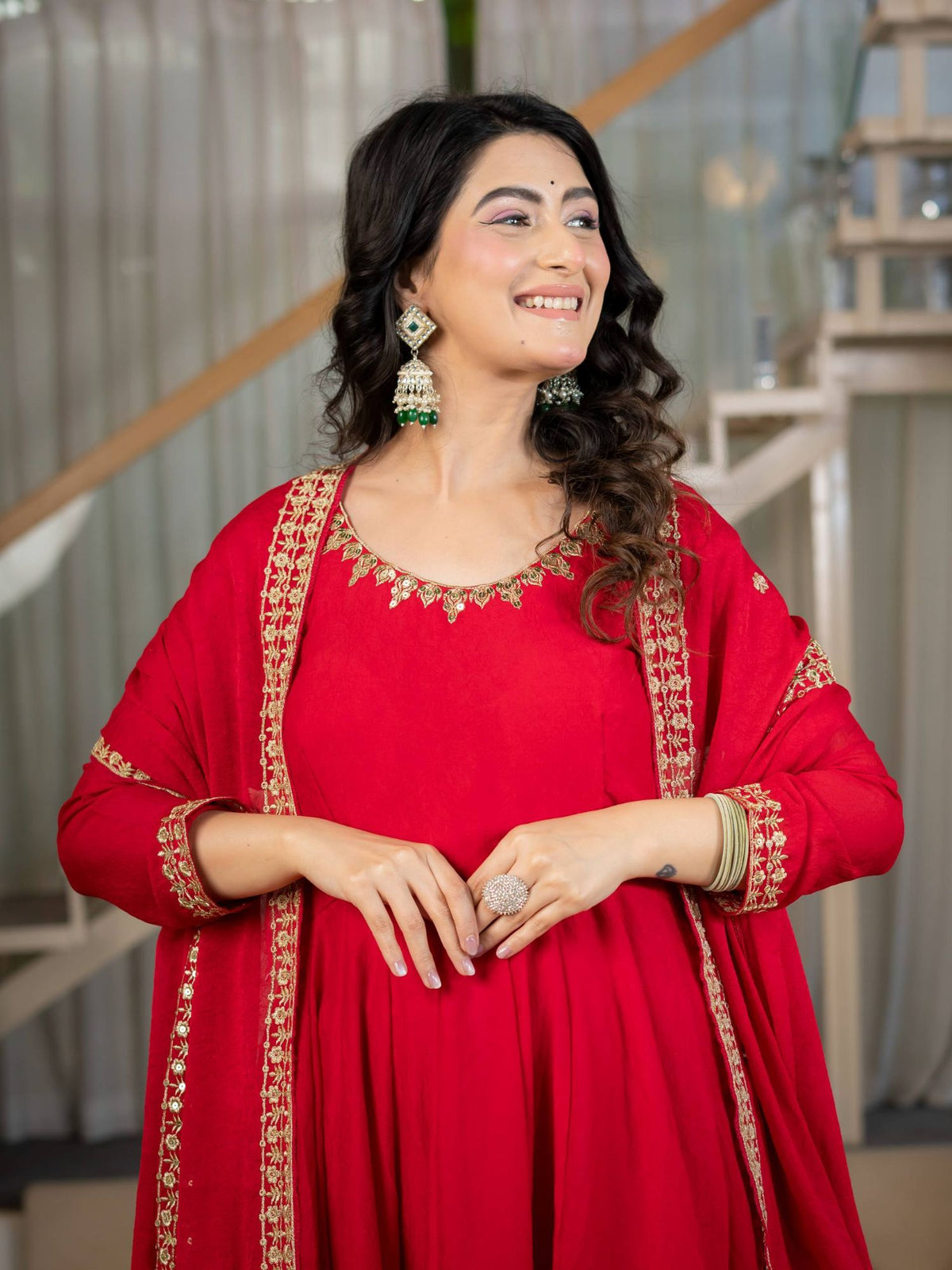 Red Rangoli Crush Sequins Embroidered Anarkali Suit with Dupatta