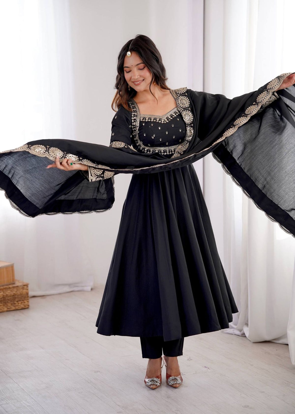 Black Roman Silk Sequins Anarkali Gown