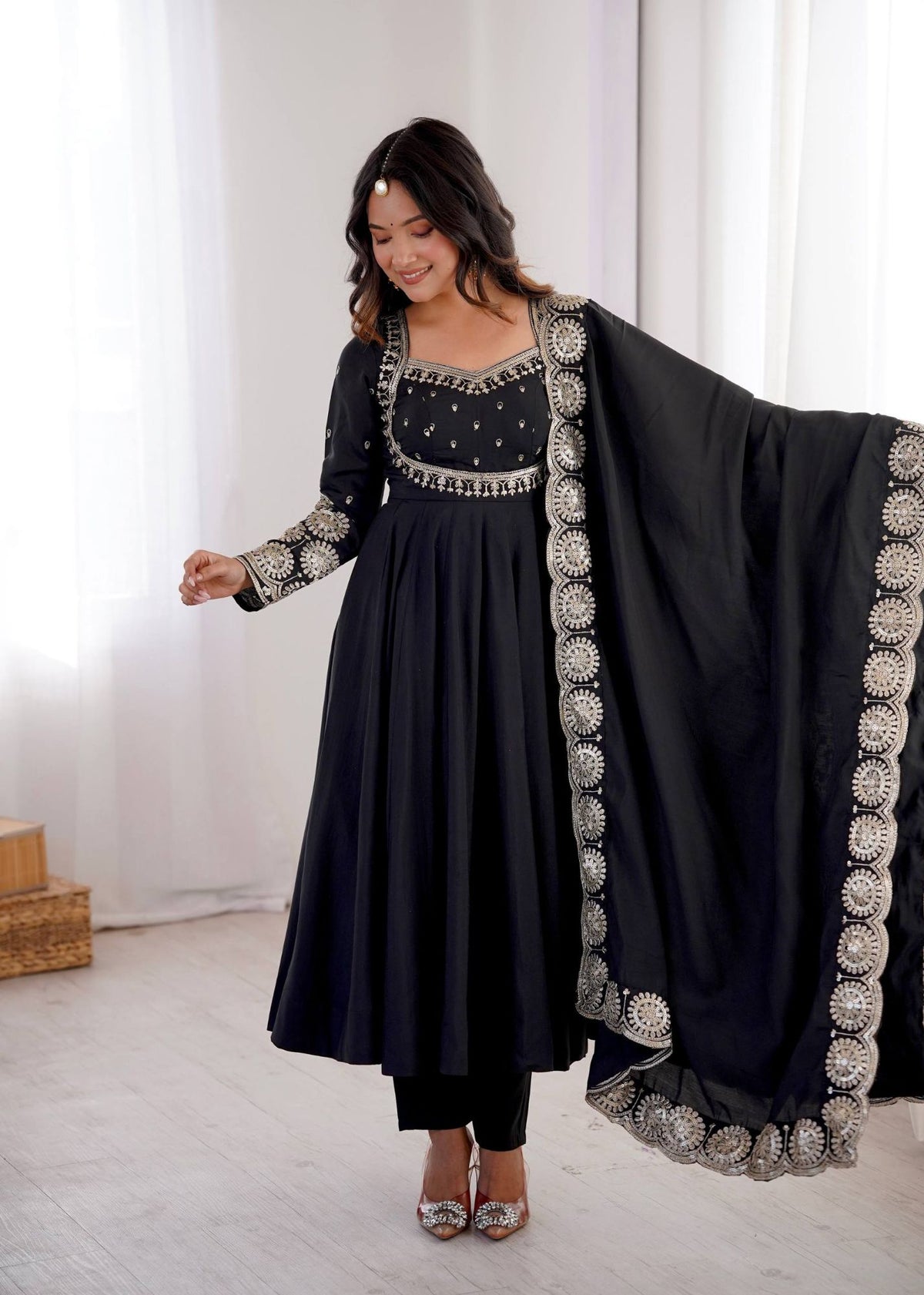 Black Roman Silk Sequins Anarkali Gown