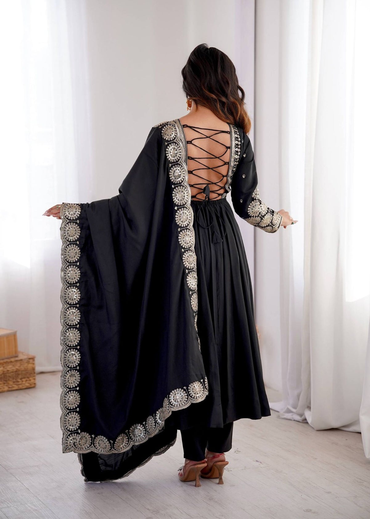 Black Roman Silk Sequins Anarkali Gown