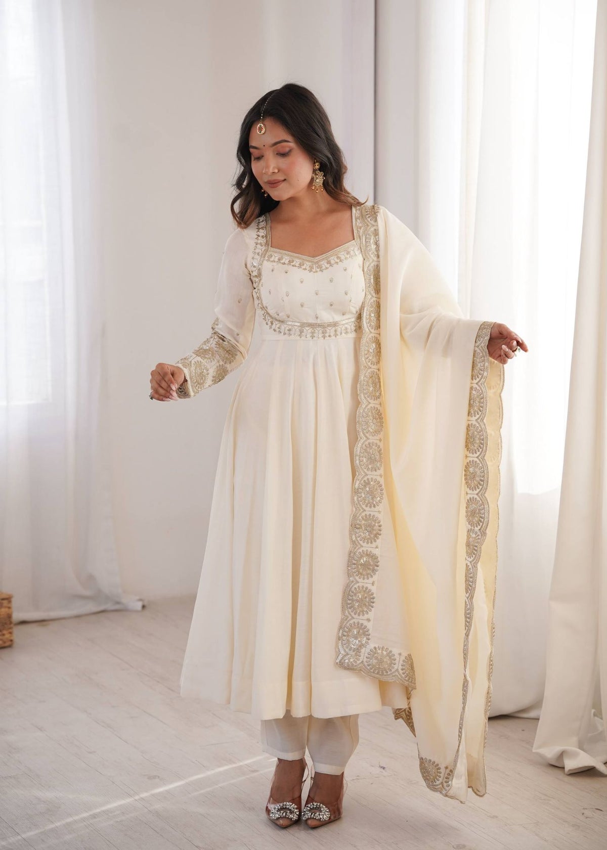 Cream Roman Silk Sequins Anarkali Gown