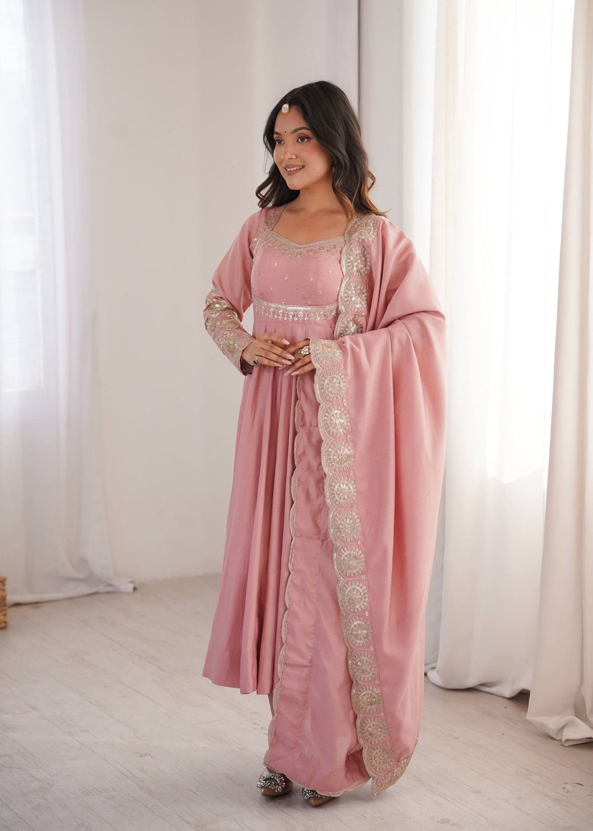 Dusty Pink Roman Silk Sequins Anarkali Gown