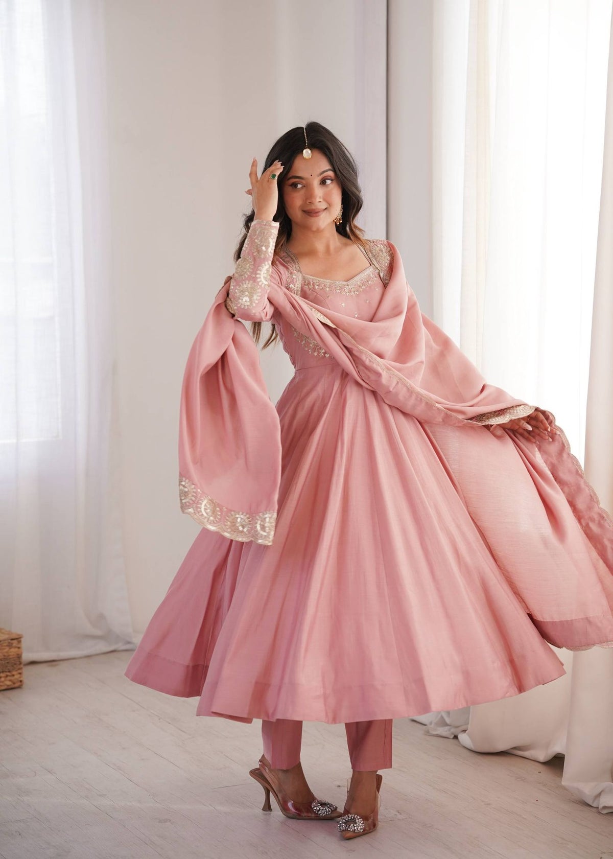 Dusty Pink Roman Silk Sequins Anarkali Gown