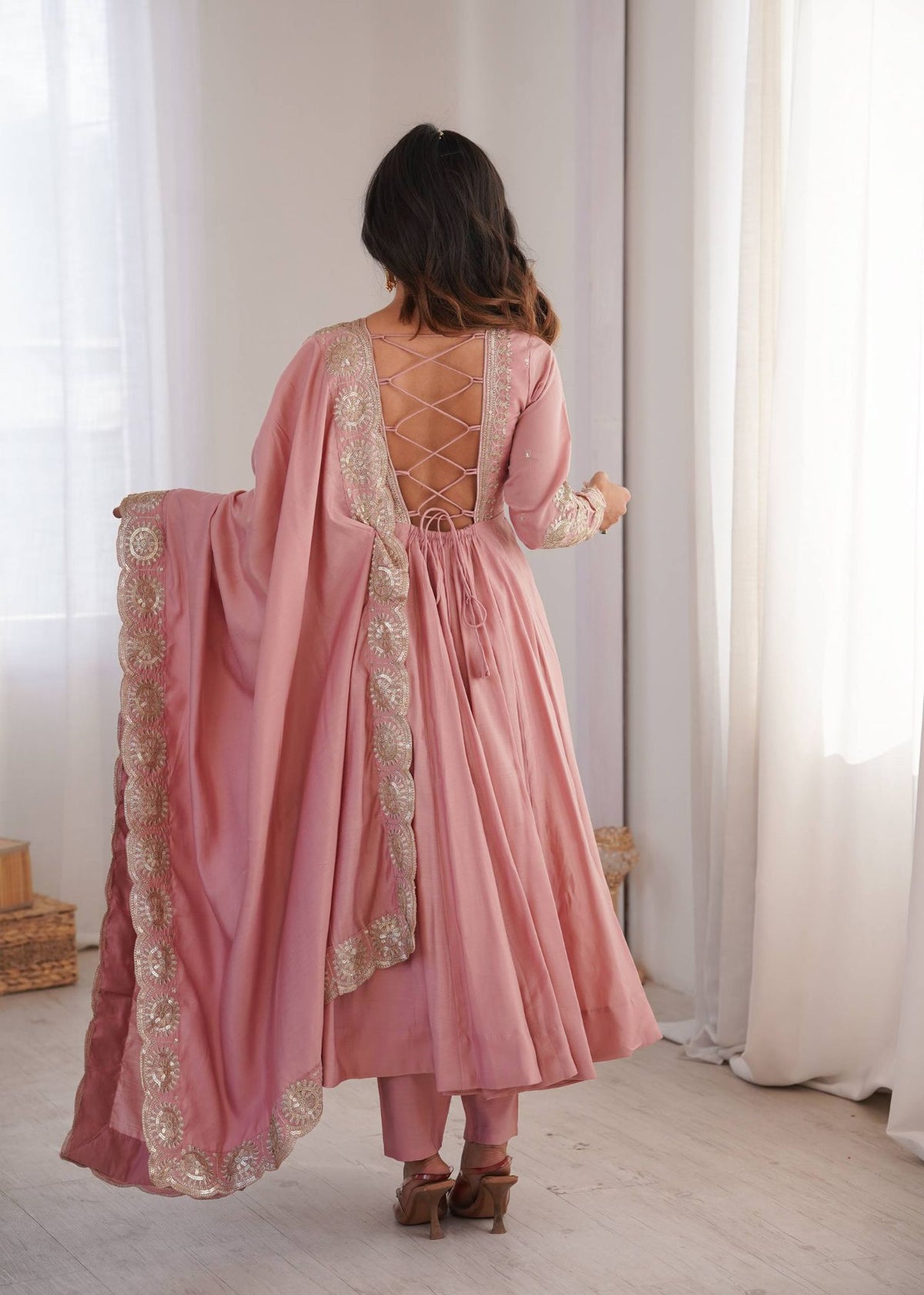 Dusty Pink Roman Silk Sequins Anarkali Gown