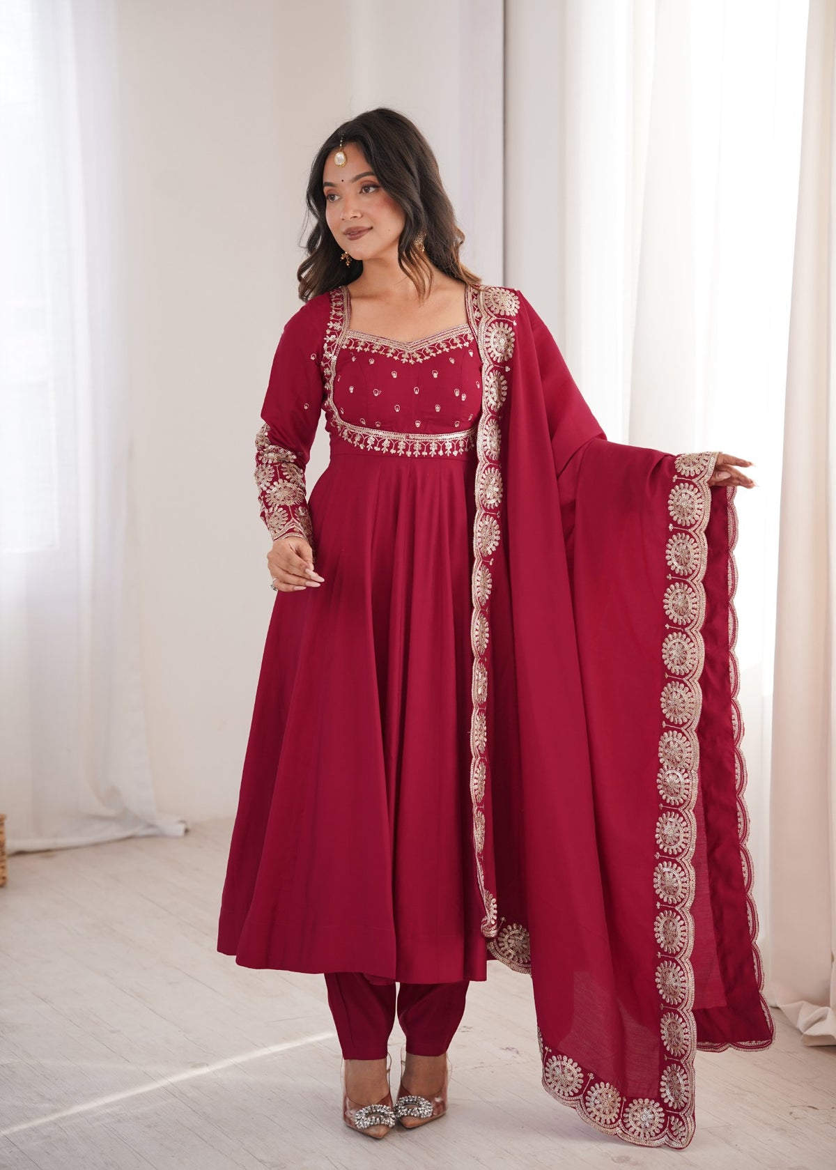 Maroon Roman Silk Sequins Anarkali Gown