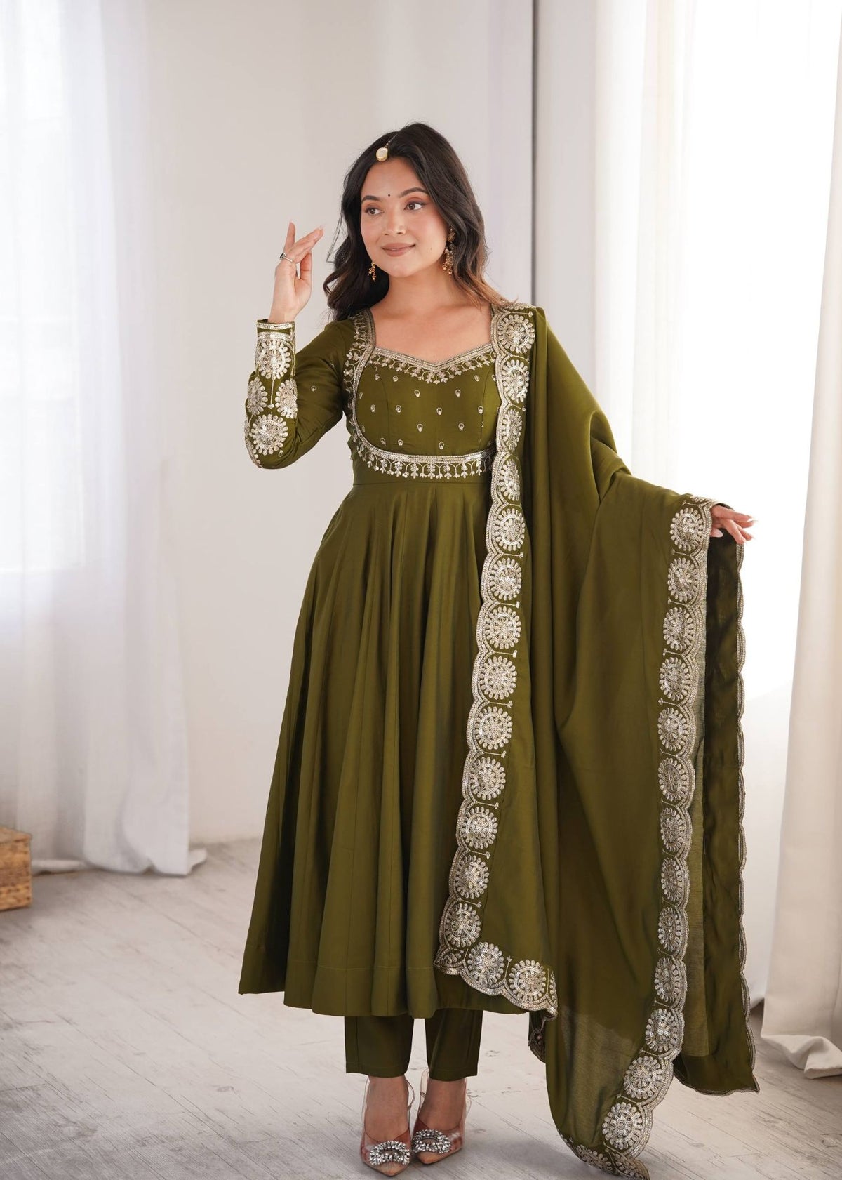 Mehendi Green Roman Silk Sequins Anarkali Gown