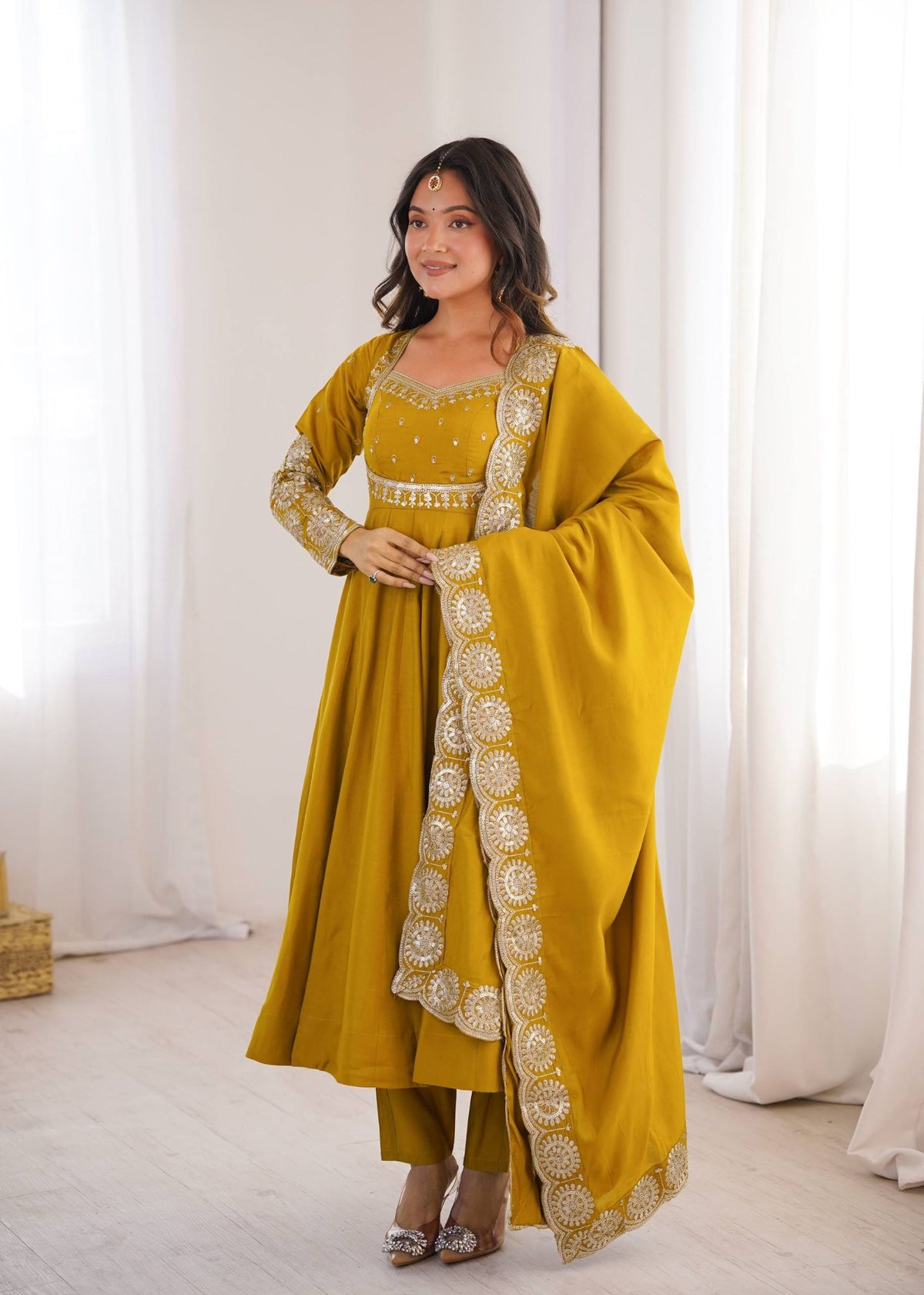 Mustard Roman Silk Sequins Anarkali Gown