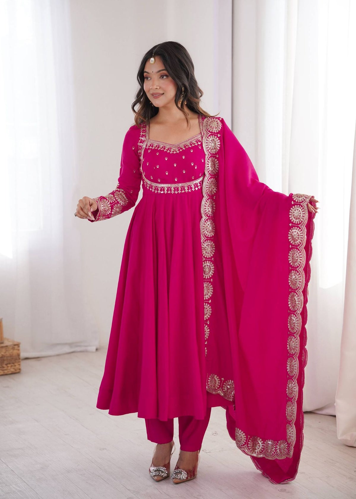 Rani Pink Roman Silk Sequins Anarkali Gown