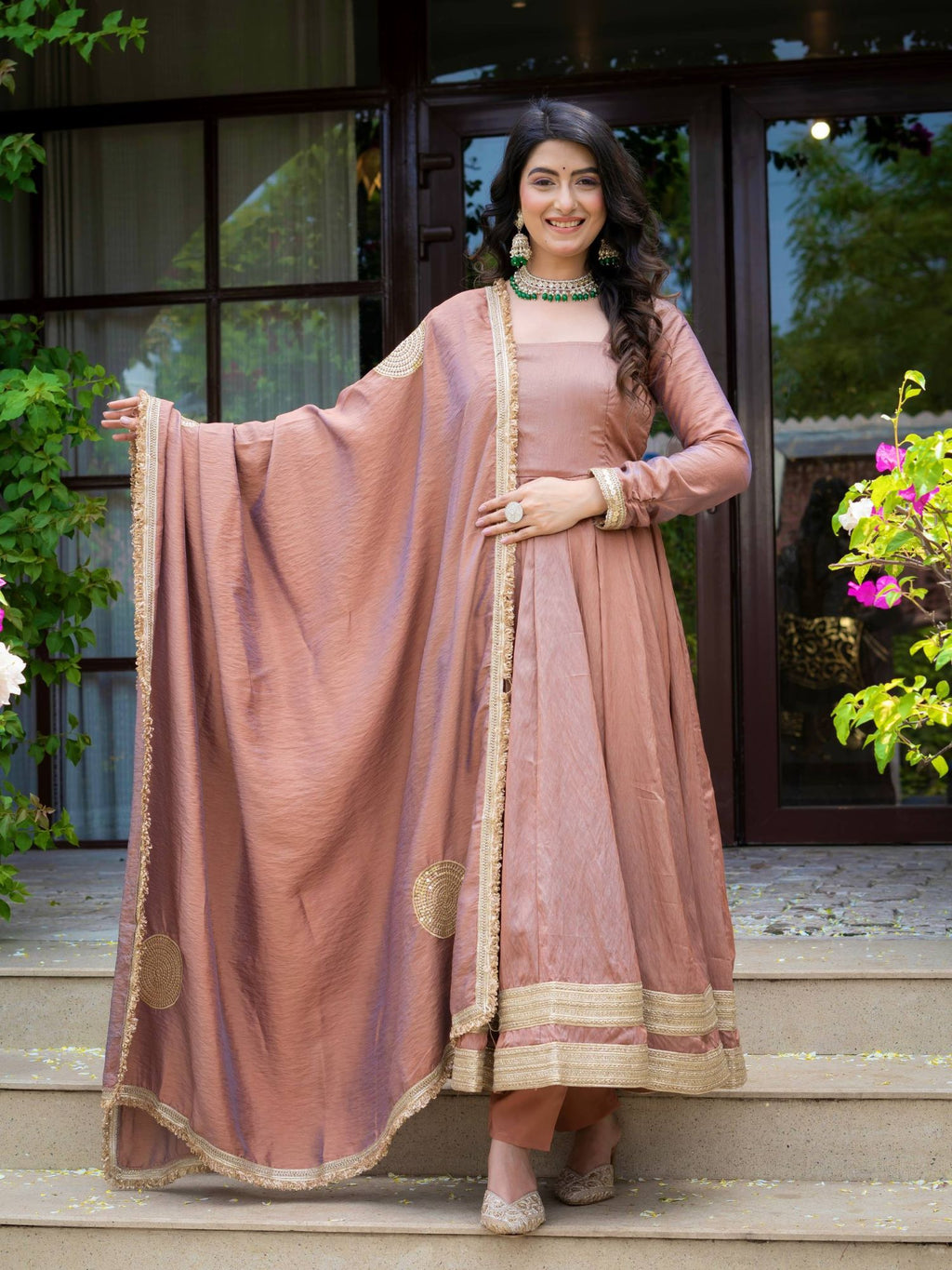 Rose Gold Vichitra Silk Anarkali Suit with Embroidered Dupatta