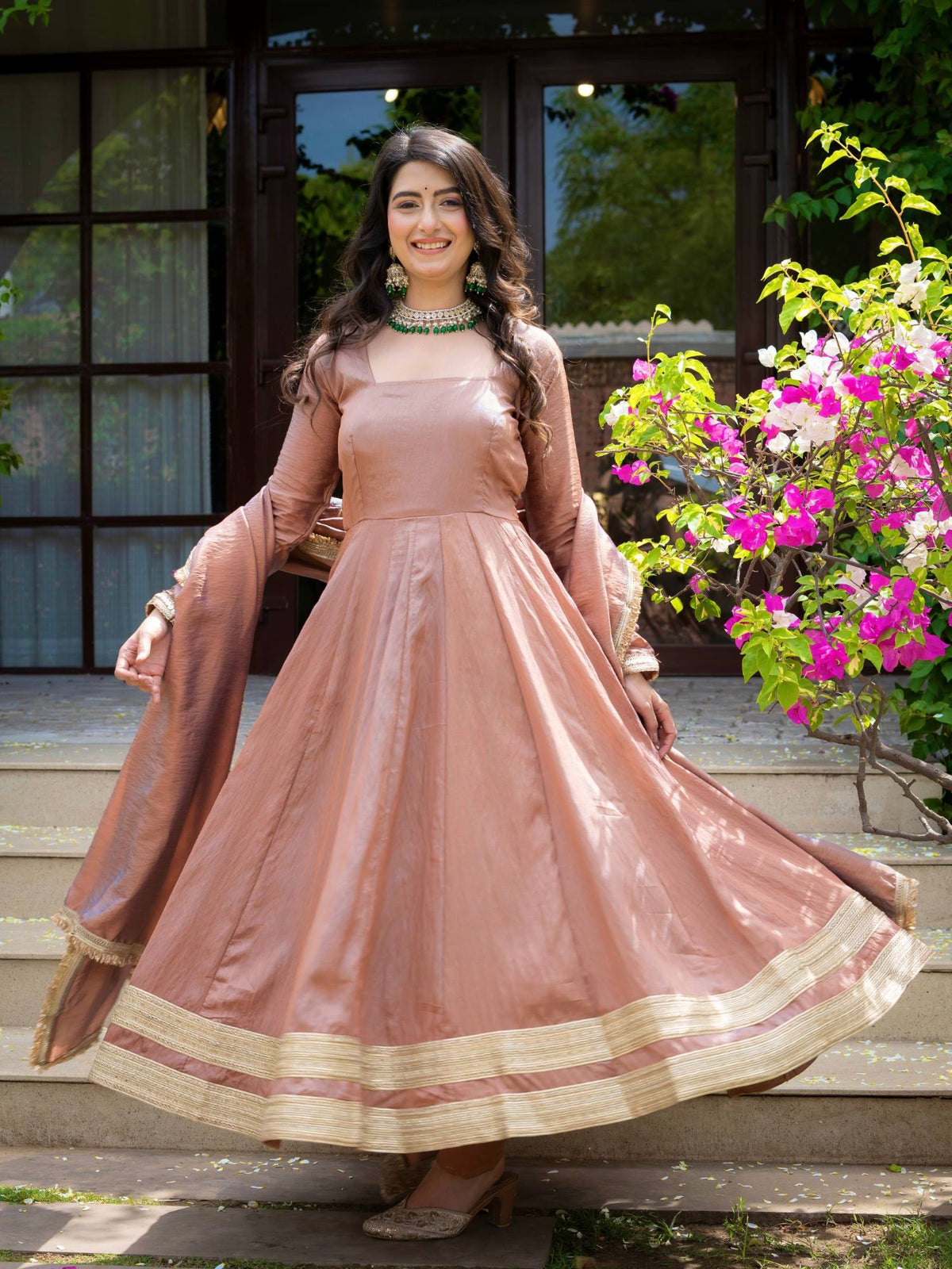 Rose Gold Vichitra Silk Anarkali Suit with Embroidered Dupatta
