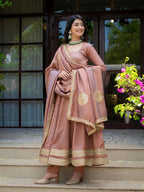 Rose Gold Vichitra Silk Anarkali Suit with Embroidered Dupatta