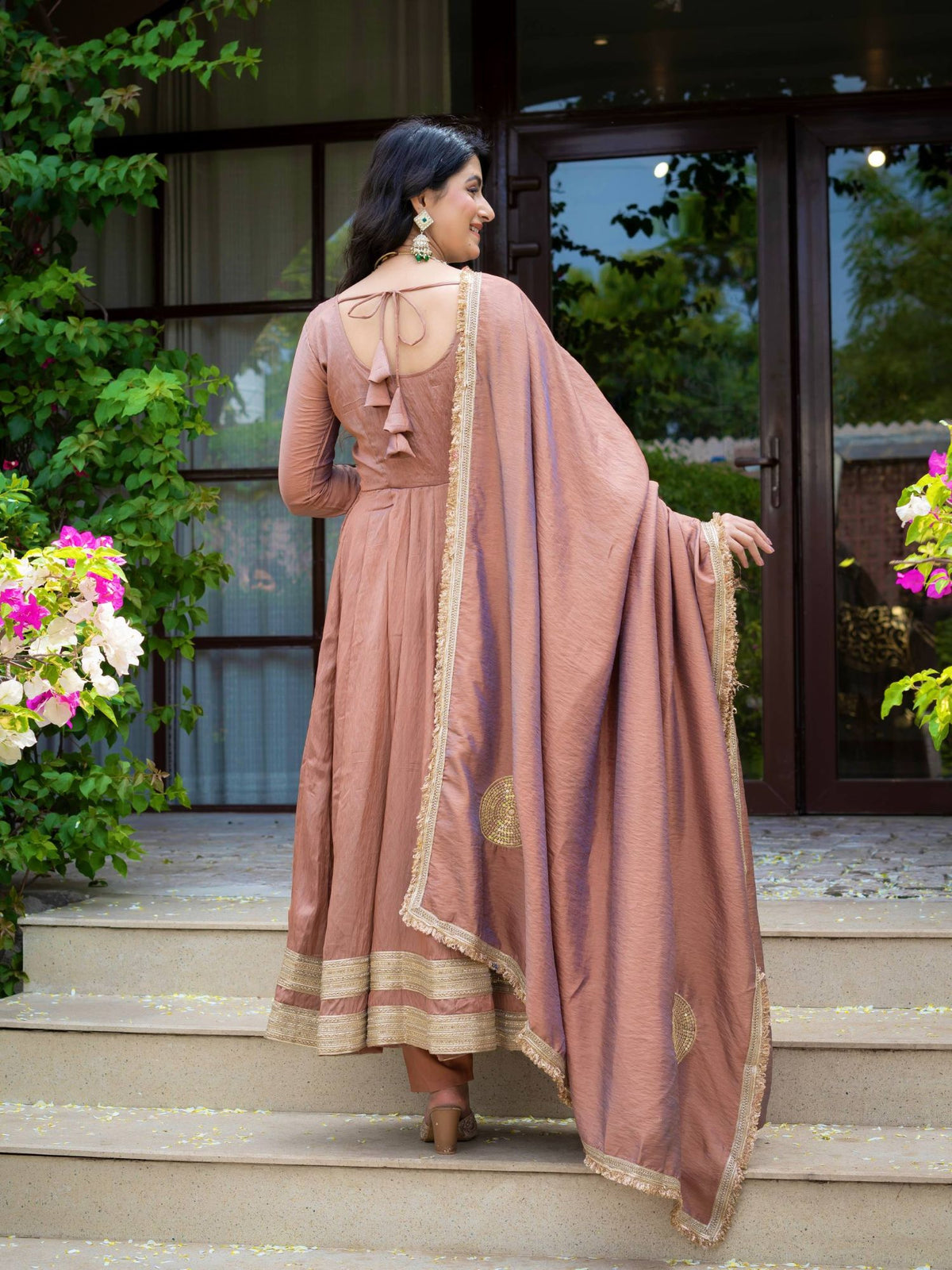 Rose Gold Vichitra Silk Anarkali Suit with Embroidered Dupatta