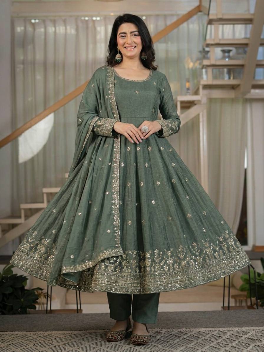 Sage Green Crunchy Silk Sequins Embroidered Anarkali Suit