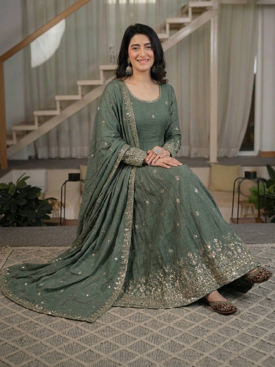Sage Green Anarkali - sitting pose