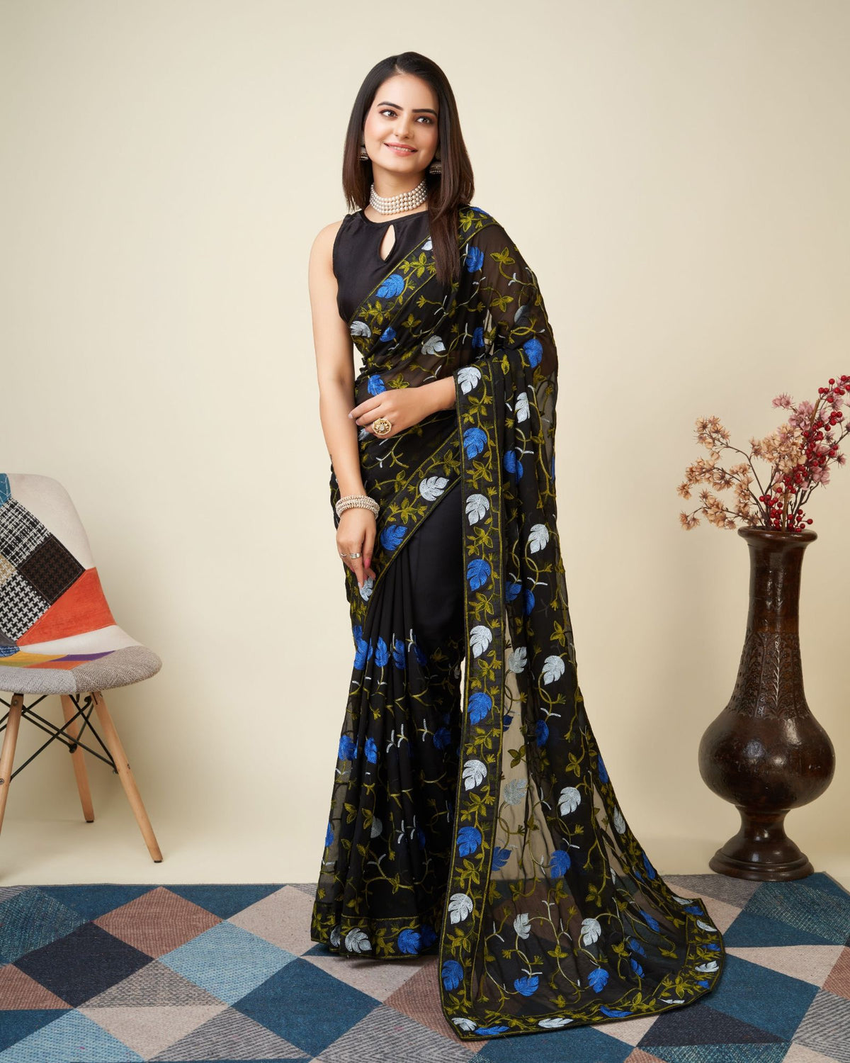 Black Faux Georgette Kashmiri Embroidered Saree