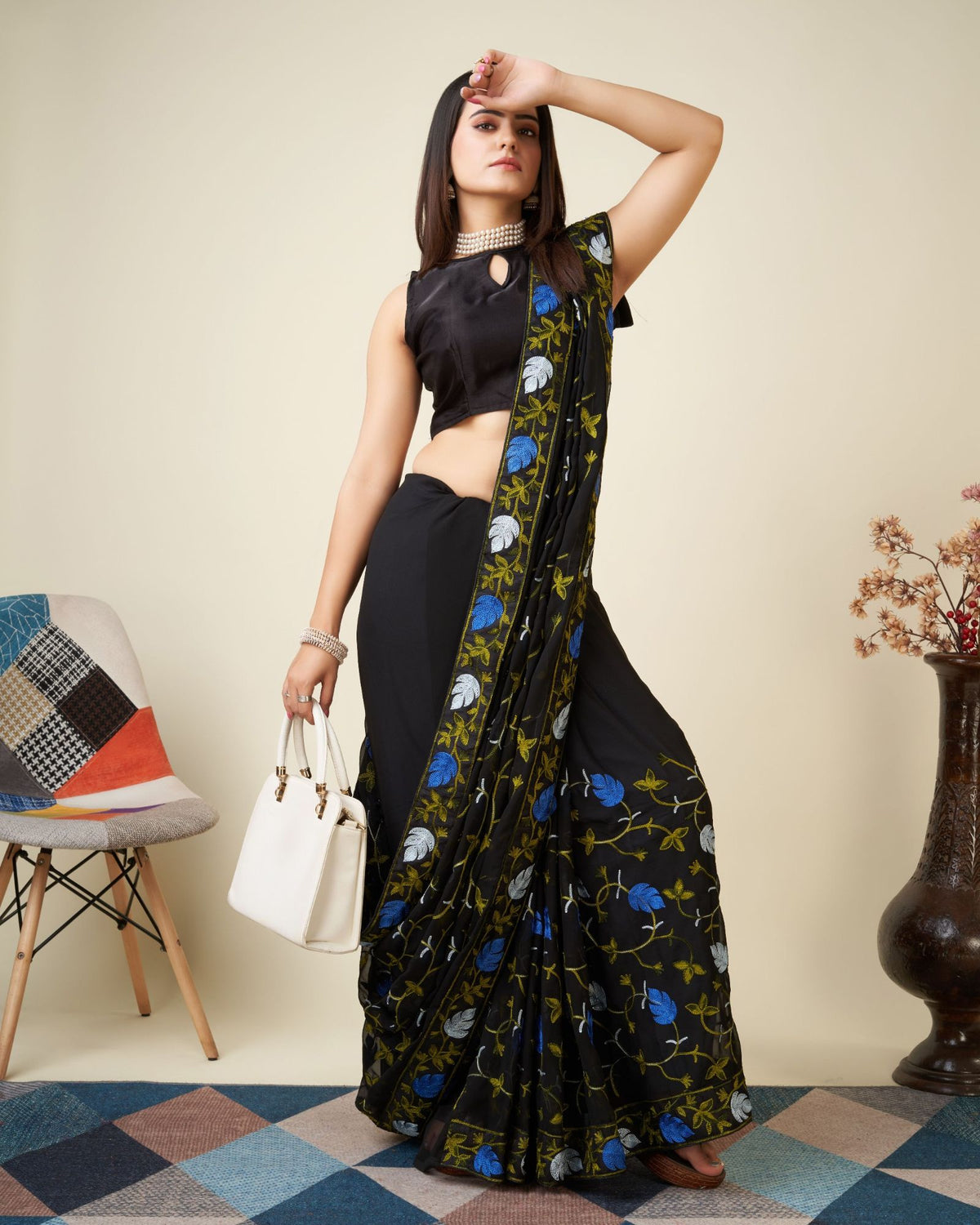 Black Faux Georgette Kashmiri Embroidered Saree