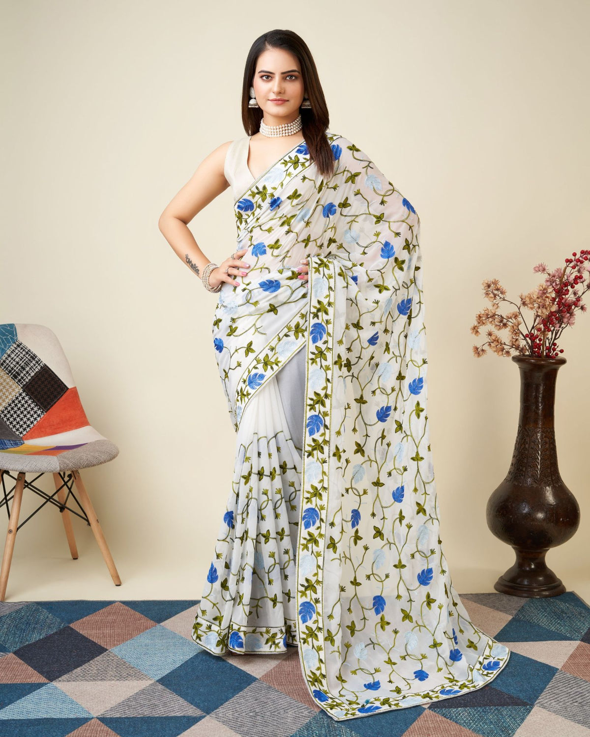 White Faux Georgette Kashmiri Embroidered Saree
