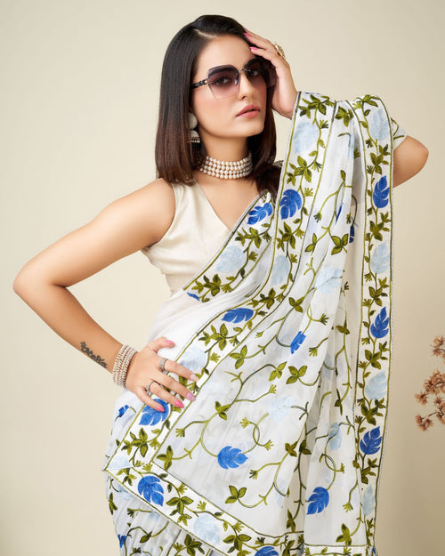 White Faux Georgette Kashmiri Embroidered Saree
