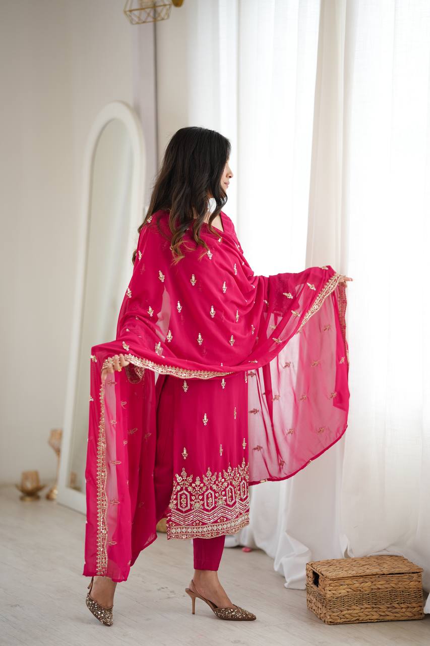 Rani Pink Faux Georgette Sequins Embroidered Straight Suit
