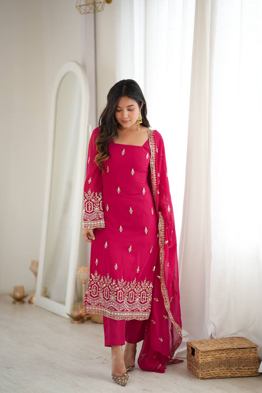 Rani Pink Faux Georgette Sequins Embroidered Straight Suit