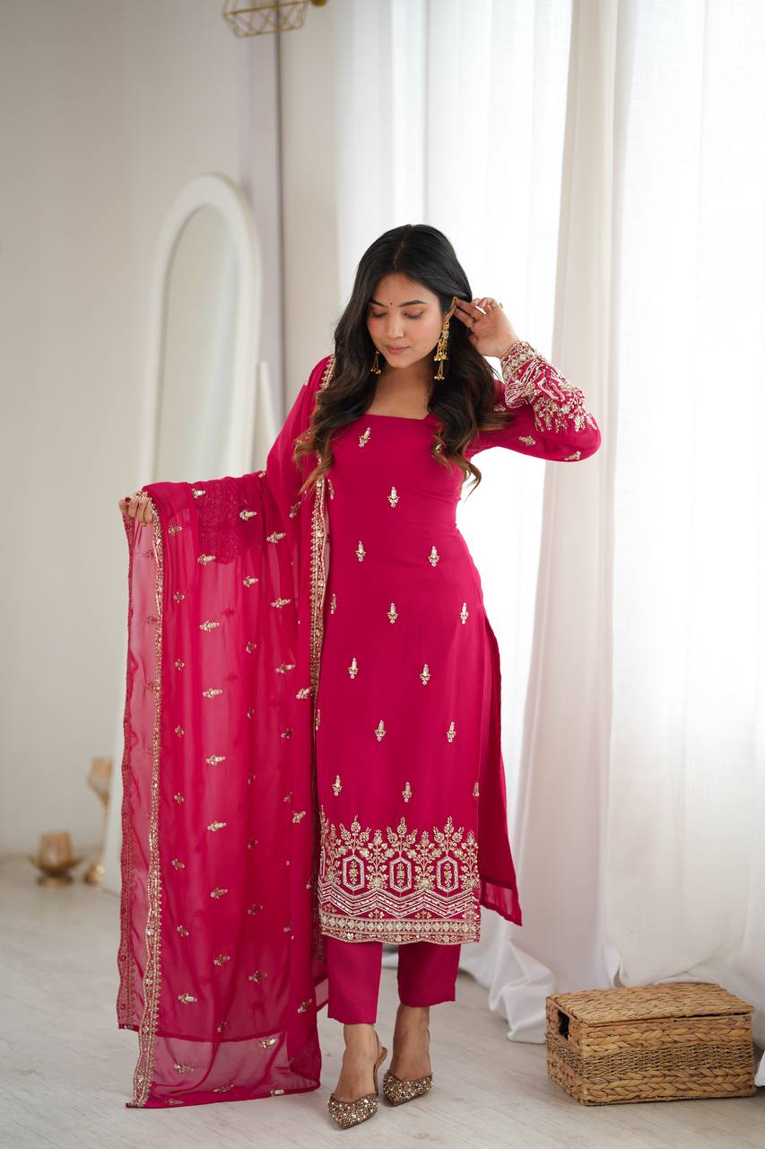Rani Pink Faux Georgette Sequins Embroidered Straight Suit