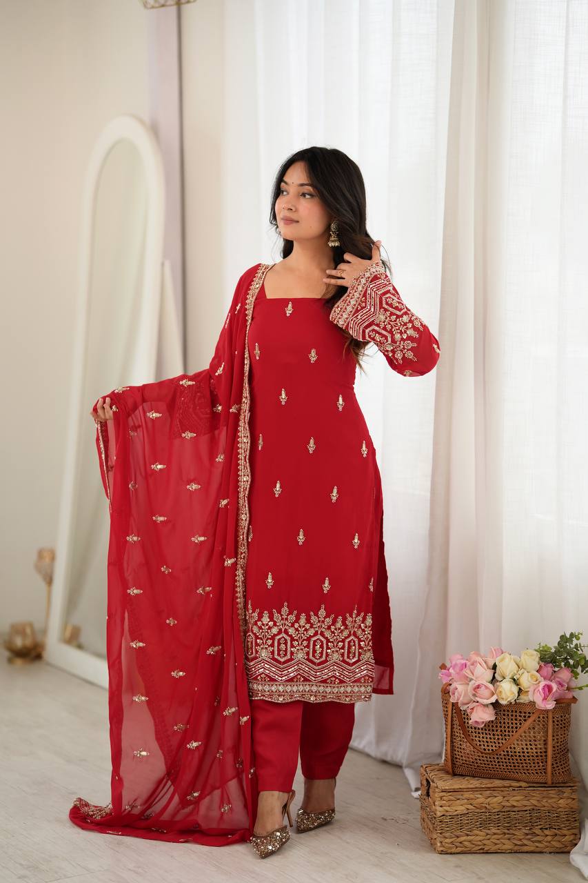 Red Faux Georgette Sequins Embroidered Straight Suit