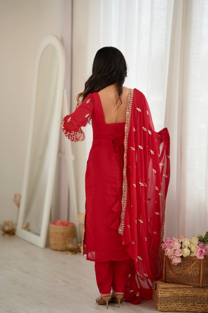 Red Faux Georgette Sequins Embroidered Straight Suit